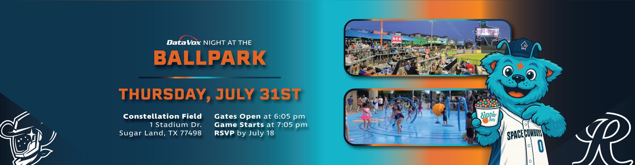 Promotional banner for "Night at the Ballpark" on Wednesday, July 30 at Constellation Field in Sugar Land, Texas. Gates open at 6:05 PM, game starts at 7:05 PM. Features photos of a baseball stadium and a kids’ splash pad.