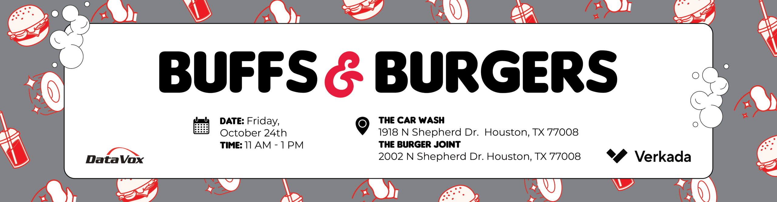 Promotional banner for 'Burgers & Buff' event on October 24, 11 AM–1 PM, featuring DataVox and Verkada logos with burger-themed background.