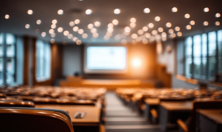 A classroom with a projector screen and a large audience. The projector screen is on the left side of the room
